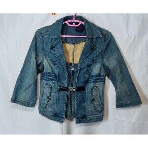 Dereon Fitted Blue Denim Cropped Jacket Studded 3/4 Sleeve Embroidered Sz Large